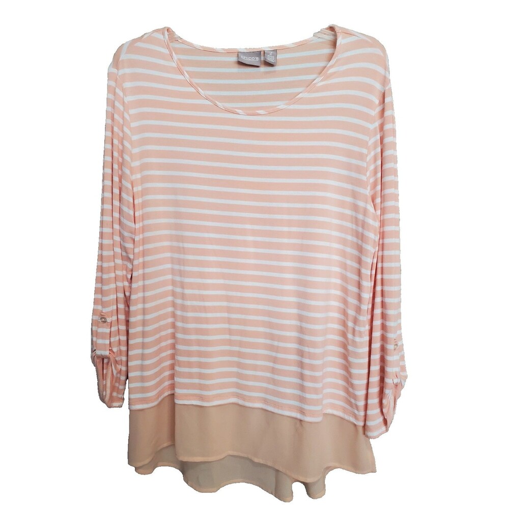 Chico's Orange & White Striped Jersey Knit Chiffon Hem Tunic Size 2 Large